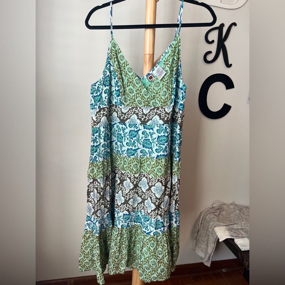 Forbidden Boho Sleeveless Midi Dress Size XL Hippie Lined Green Blue